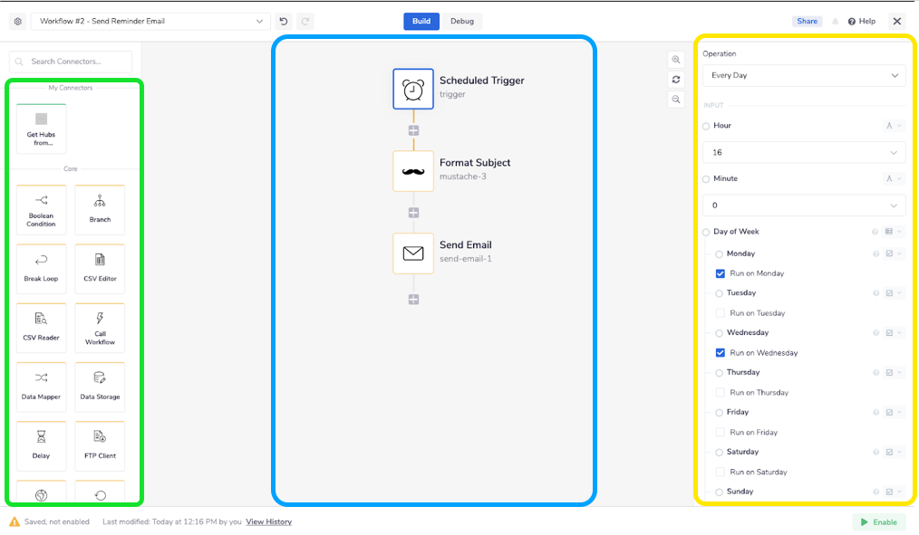 The Tray.io builder canvas for the Send Reminder Email workflow: The green box on the left is the Connectors Library, the section in blue is the Canvas, and the yellow section is the Parameters pane.